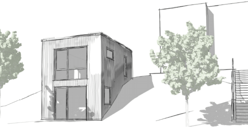 En skiss på ett litet hus på en sluttning, inklusive Bygglovshandlingar. - Bygglovshandlingar från Bygglovsproffsen