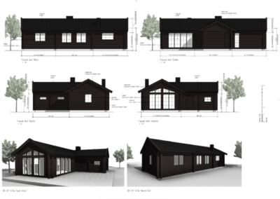 En serie ritningar av en svart stuga med fönster och dörrar, med detaljerade Bygglovshandlingar. - Bygglovshandlingar från Bygglovsproffsen
