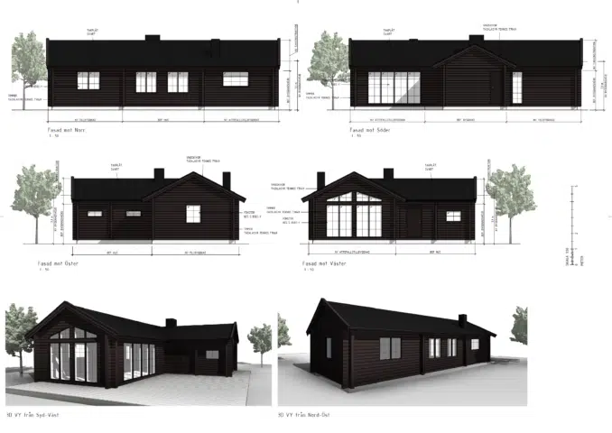 Arkitektonisk ritning av ett enplanshus som visar upp fem olika vyer: fram-, sida-, bak- och två perspektivvinklar med detaljerade mått och anteckningar – perfekt för bygglovsritningar och säkerställer smidiga godkännandeprocesser.