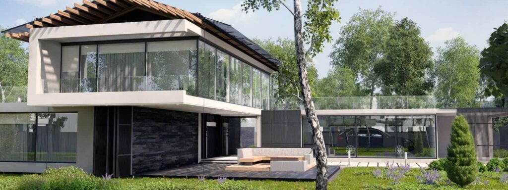Ett modernt tvåvåningshus med stora glasfönster och en träuteplats omgiven av grönska och träd. En del av en bil är synlig i ett täckt område åt sidan. Detaljerade arkitektritningar ser till att varje aspekt av detta stilfulla hem är noggrant planerad.